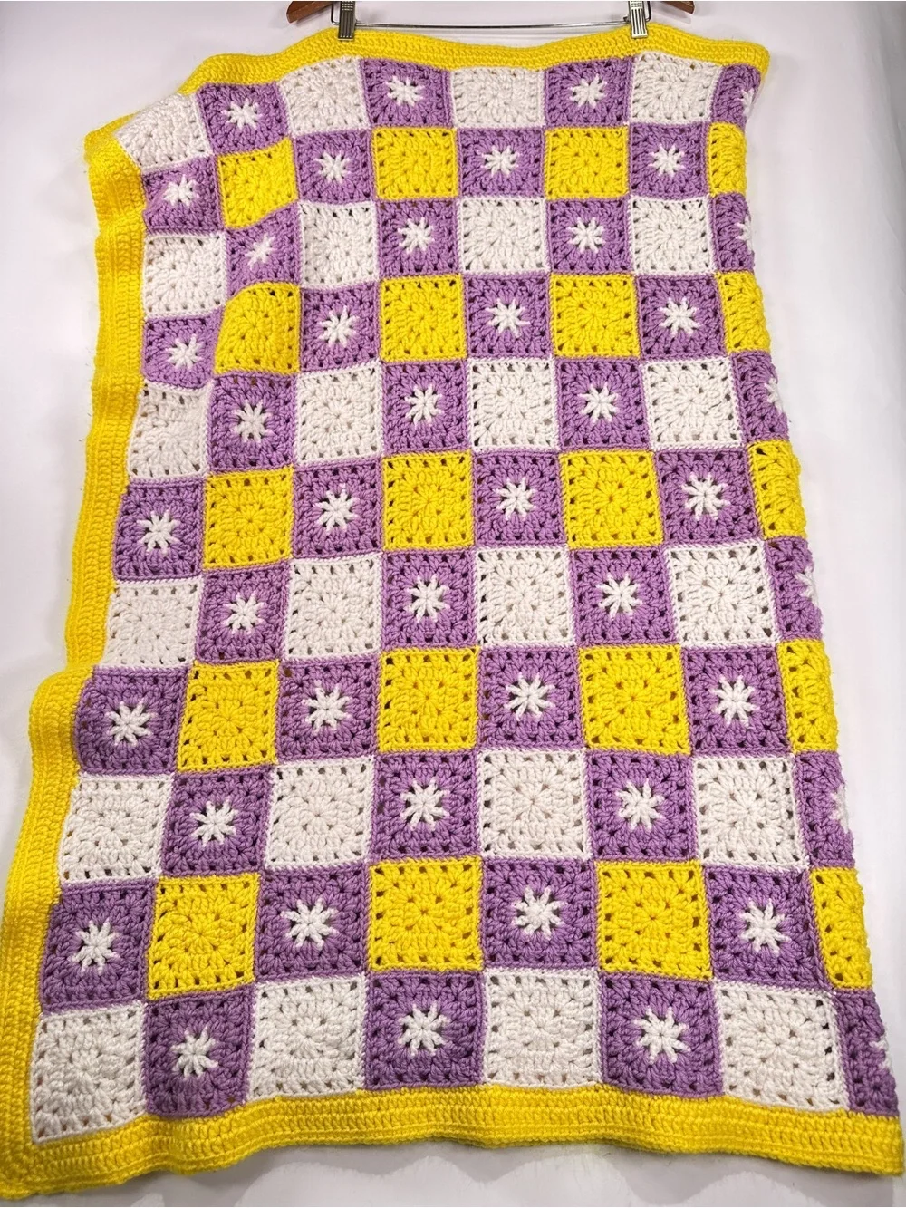 Handmade Vintage Granny Square Crochet Checkerboard Throw Purple Yellow 28x40